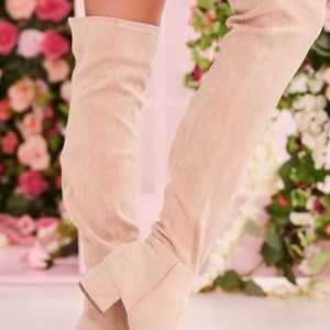 LIGHT TAN/WHIT SUEDE THIGH HIGH BOOTS HEEL 2 INCH